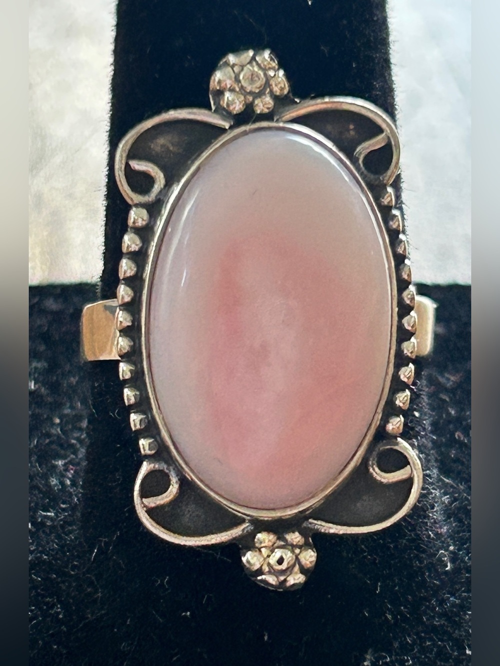 Pink opal and sterling silver ring.